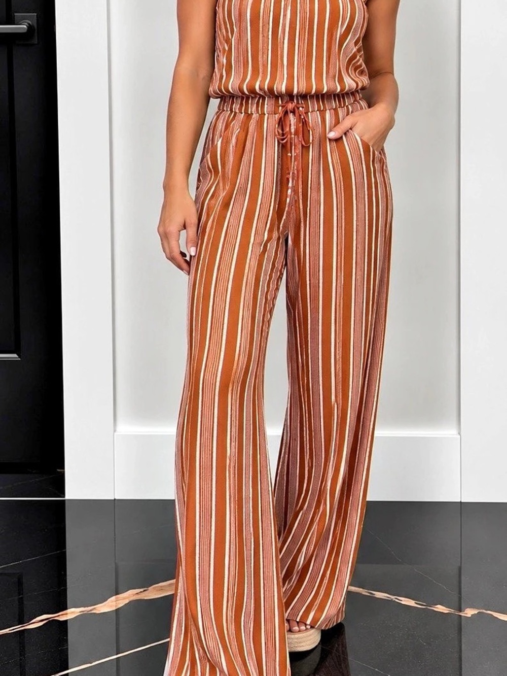 No Boundaries Crinkle Strapless Jumpsuit Brown & White